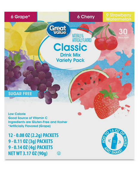 Great Value Sugar-Free Classic Variety Pack Drink Mix, 3.17 oz, 30 Count