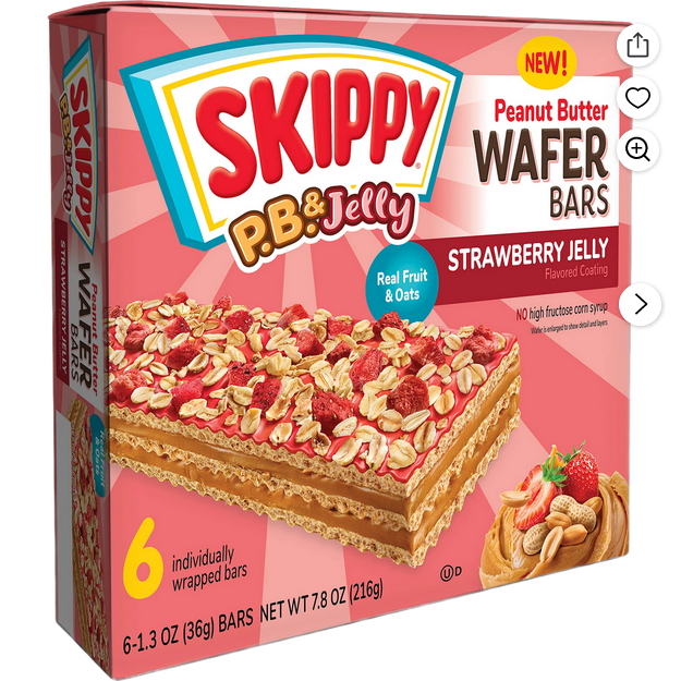 SKIPPY P.B. & Jelly Strawberry Jelly-Coating & Peanut Butter Wafer bars - 6 Individually Wrapped Snack Bars - 1.3 Oz (36g) Per Bar