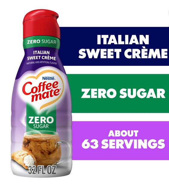 Nestle Coffee Mate Non Dairy Zero Sugar Italian Sweet Creme Liquid Coffee Creamer Sugar Free, 32 fl oz Bottle