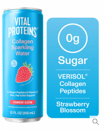 Vital Proteins, Collagen Sparkling Water, Strawberry Blossom, VERISOL® Collagen Peptides + Vitamin C, 0g Sugar, Skin Support Drink, 12 FL OZ Can