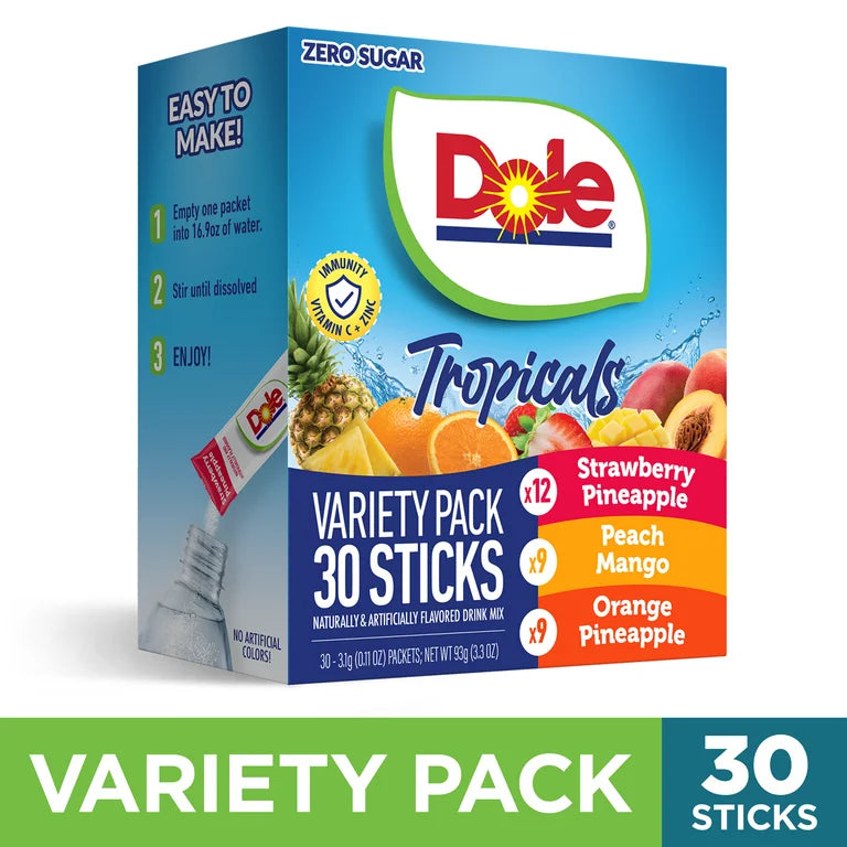 Dole Powdered Drink Mix Variety Pack, Orange Pineapple, Peach Mango, Strawberry Pineapple, Sugar-Free, 30 Count