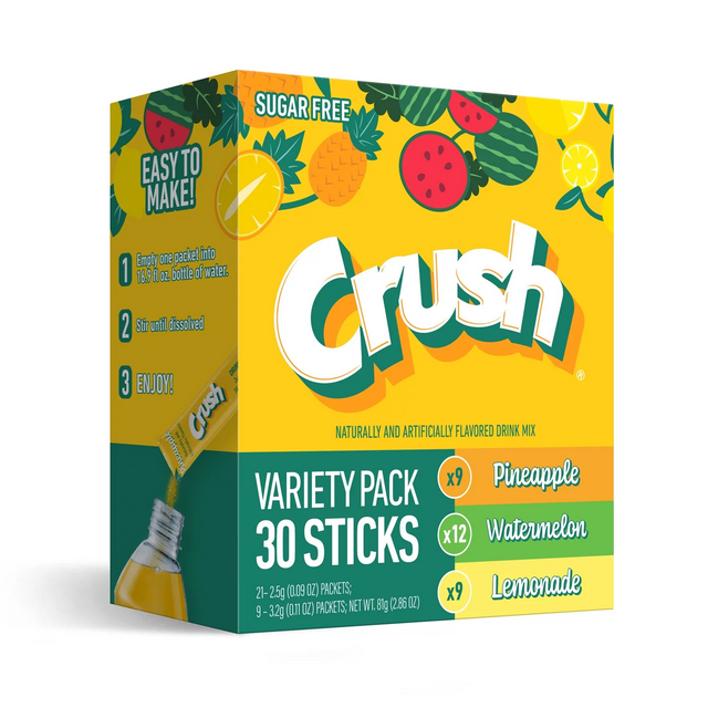 Crush Powdered Drink Mix Variety Pack, Lemonade, Watermelon &amp; Pineapple, 30ct, On the go packets, Sugar Free