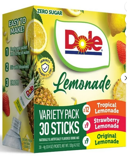 Dole Lemonade Variety Powder Mix, Tropical, Classic, &amp; Strawberry, 30 Pack