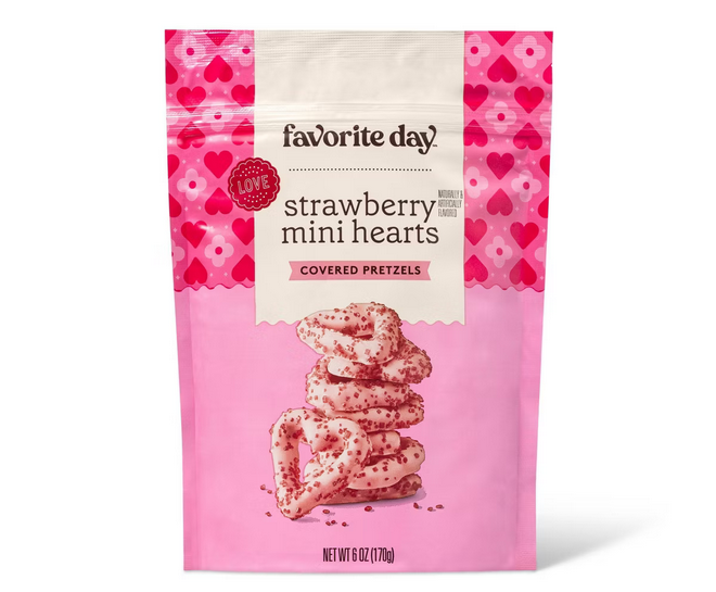 Pink Strawberry Flavored Heart Shaped Pretzels with Red Sugar Crystals - 6oz - Favorite Day