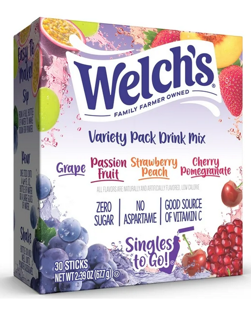 Welch's Drink Mix Variety Pack, Grape, Passion Fruit, Strawberry Peach, Cherry Pomegranate, Zero Sugar 30 Sticks