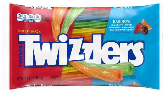 Twizzlers Twists Rainbow Flavored Licorice Style Low Fat Candy, Bag 12.4 oz
