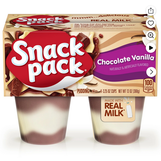 Snack Pack Chocolate Vanilla Flavored Pudding, Lunchbox Snack, 3.25 oz Pudding Cups, 4 Count