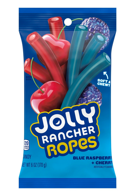 Jolly Rancher Ropes Blue Raspberry and Cherry Flavored Candy, Bag 6 oz