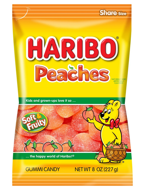 HARIBO Peaches Gummies Fruity Peach Flavor Gummy Candy, 8oz, Share Size Bag