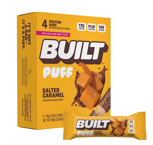 BUILT Puff Protein Bar, Salted Caramel, 15g Protein, Collagen, 4 Count Box, 1.55 oz Bars