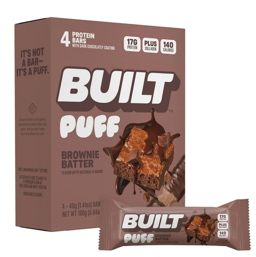 BUILT Puff Protein Snack Bar, Brownie Batter, 17g Protein, Collagen, 140 Calories, 4 Count Box