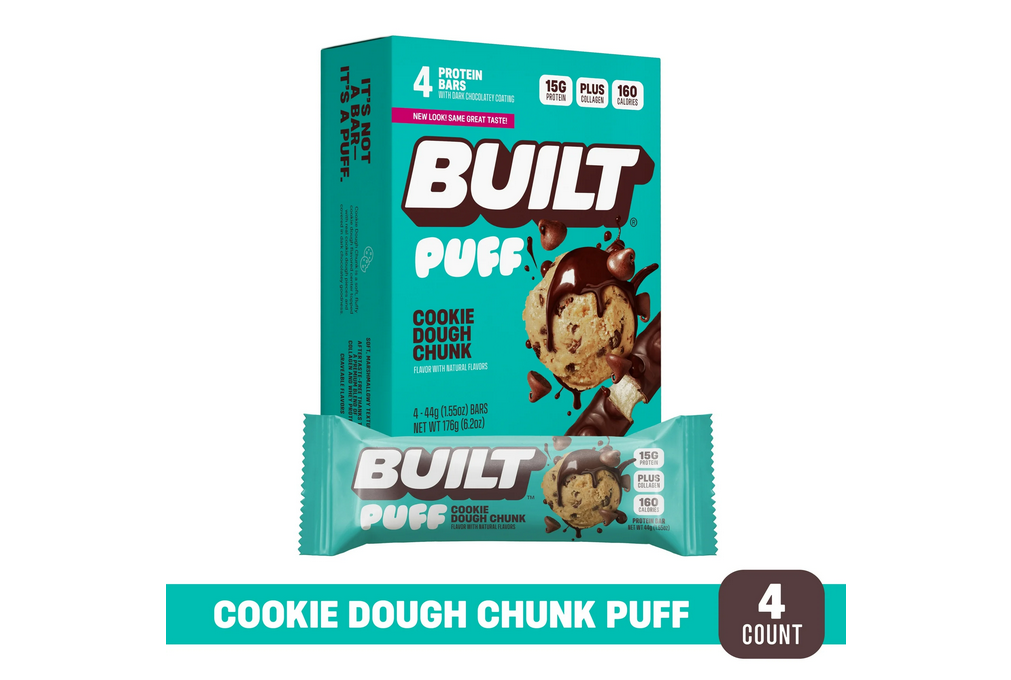 BUILT Puff Protein Bar, Cookie Dough Chunk, 15g Protein, Collagen, 160 Calories, 4 Count Box, 1.55 oz Bars