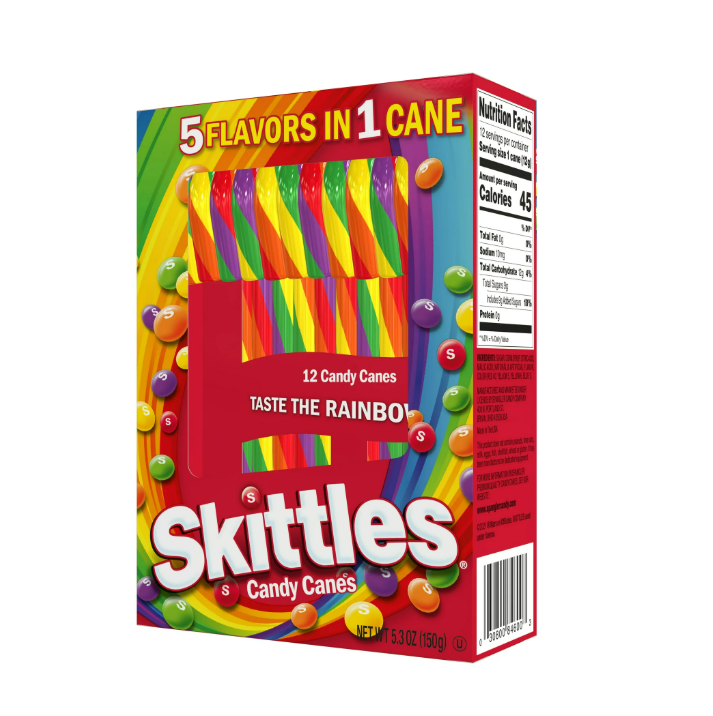 Skittles Rainbow (5 Flavors in 1) Christmas Holiday Candy Canes Stocking Stuffers Individually Wrapped, 12 Count