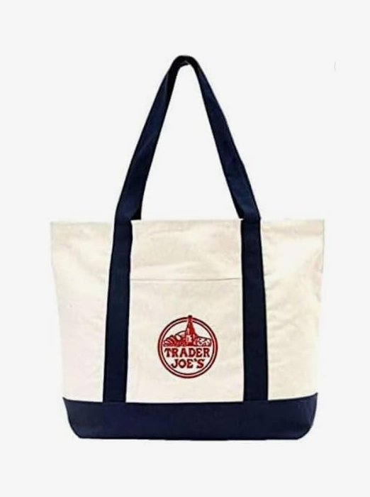 Trader Joes Large Tote Shopping Bag Cotton Canvas Embroidered Bag | Navy Blue