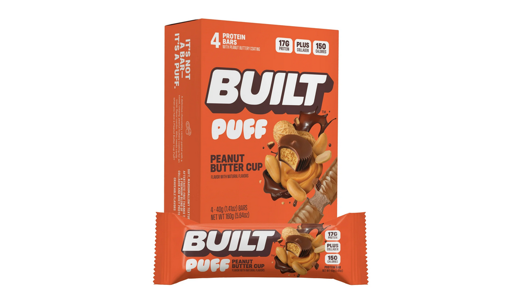 BUILT Puff Protein Bar, Peanut Butter Cup, 15g Protein, Collagen, 150 Calories, 4 Count Box, 1.55 oz Bars