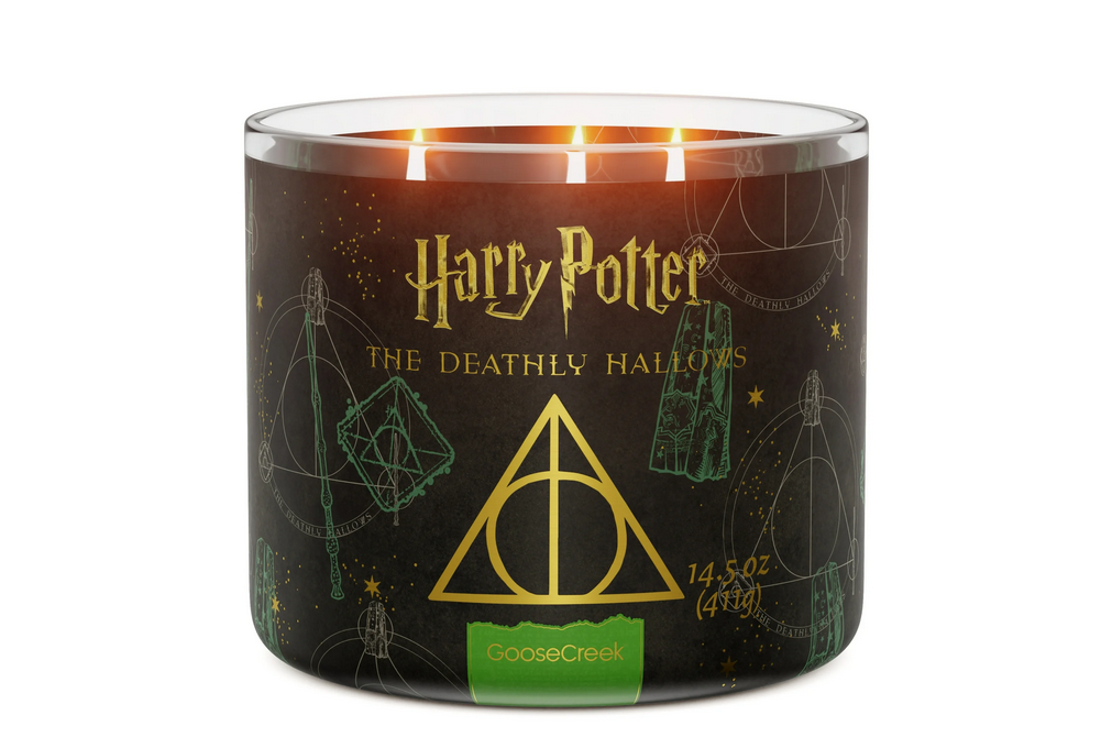 Goose Creek Harry Potter Deathly Hallows 3-wick Ancient Cedar, Forest Pine, Eucalyptus Mist &amp; Forbidden Moss Scented Jar Candle, 14.5oz