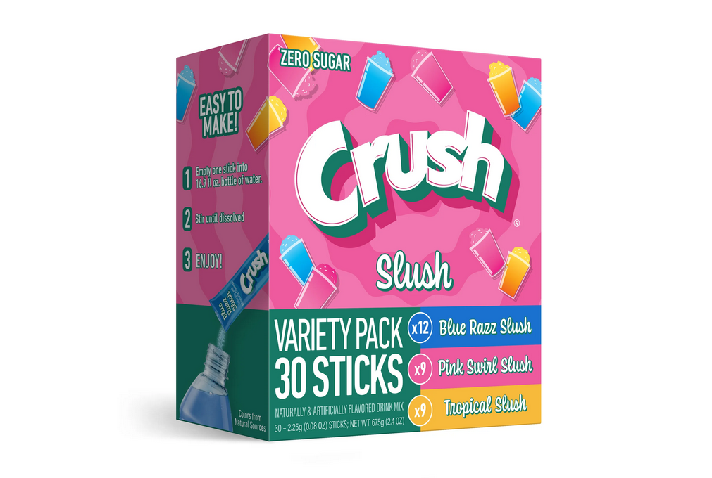 Crush Slush Powder Drink Mix Variety Pack, Blue Razz, Pink Swirl &amp; Tropical, 30 Sticks