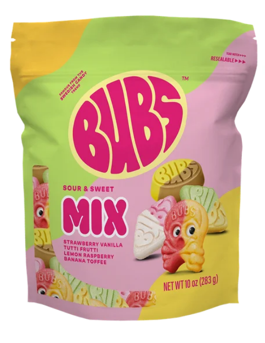 BUBS Swedish Candy Sour and Sweet Gummy Candy Mix, Strawberry Vanilla, Tutti Frutti, Lemon Raspberry, Banana Toffee, Vegan, 10 oz. Gluten Free, Vegan