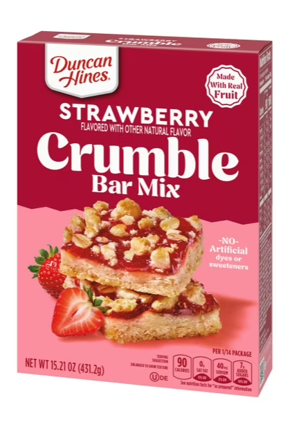 Duncan Hines Strawberry Flavored Crumble Bar Mix, Breakfast Bar Baking Mix, Real Fruit, 15.21 oz.