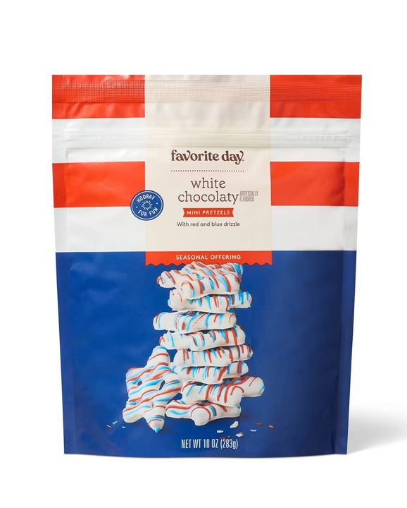 Vanilla Fudge Dipped Mini Pretzels with Red &amp; Blue Drizzle - 10oz - Favorite Day
