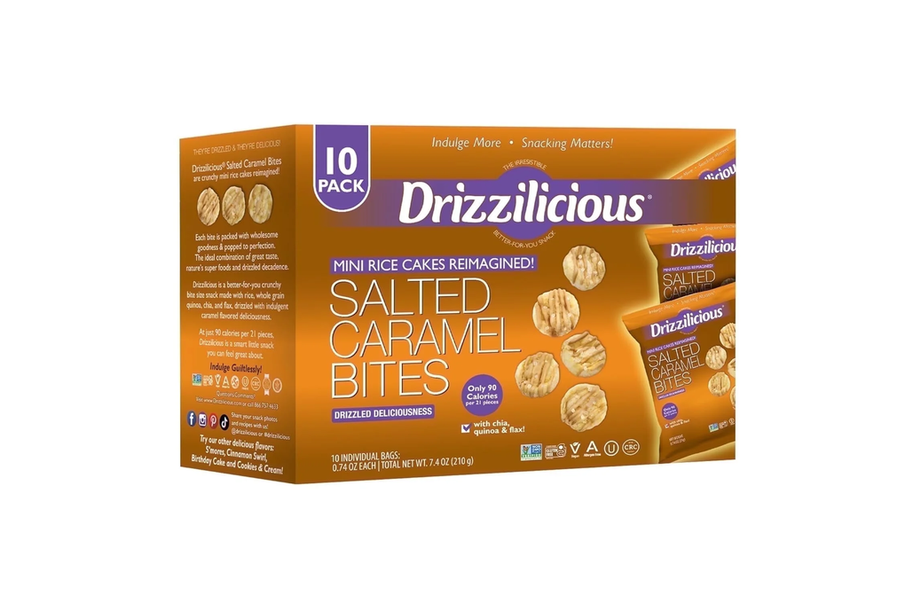 Drizzilicious Mini Rice Cakes, Salted Caramel Flavored Rice Cake Gluten Free Snacks, Rice Crisps 10-Pack