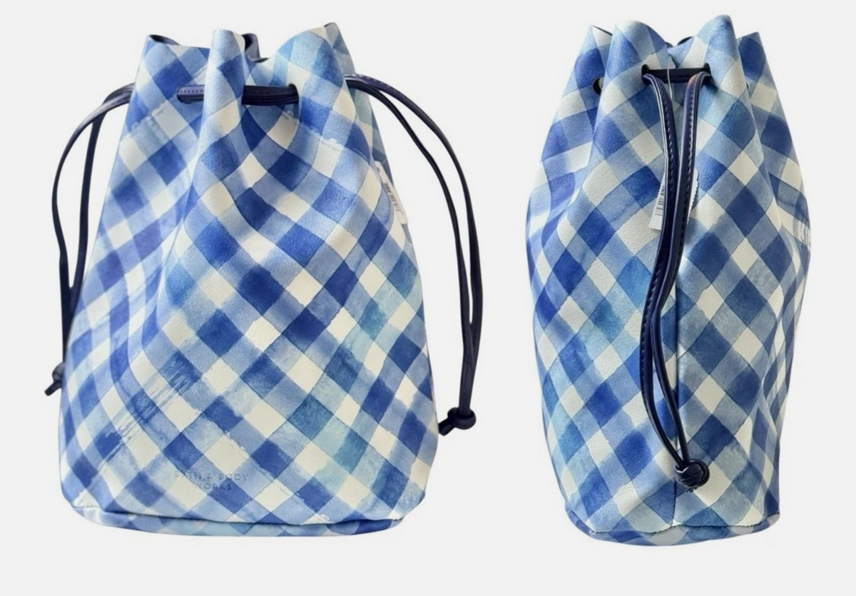 Bath and Body Works Gingham Blue &amp; White Drawstring Reusable Bag, Gift Bag